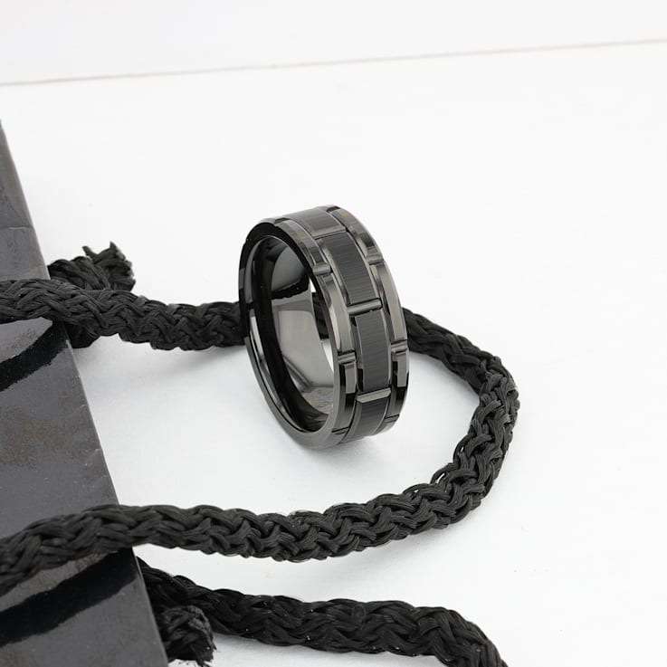 WINDSOR Beveled Black Tungsten Carbide Wedding Band with Brushed Finish
and Alternating Grooves 8mm