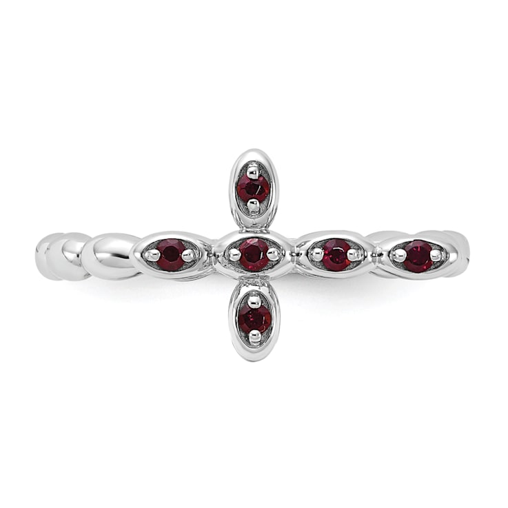 Rhodium Over Sterling Silver Stackable Expressions Cross Garnet Ring 0.14ctw