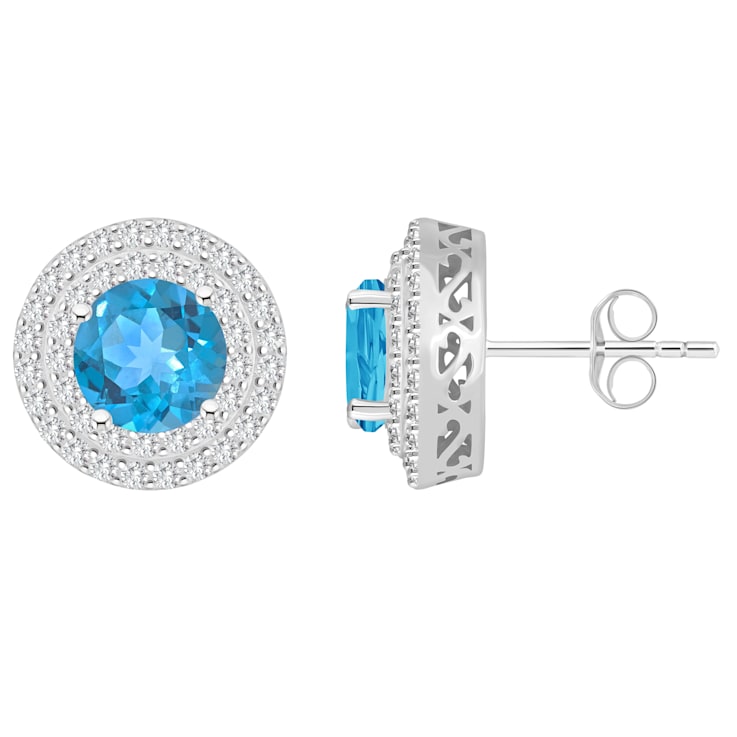 7mm Round Swiss Blue Topaz And White Topaz Rhodium Over Sterling Silver
Double Halo Stud Earrings