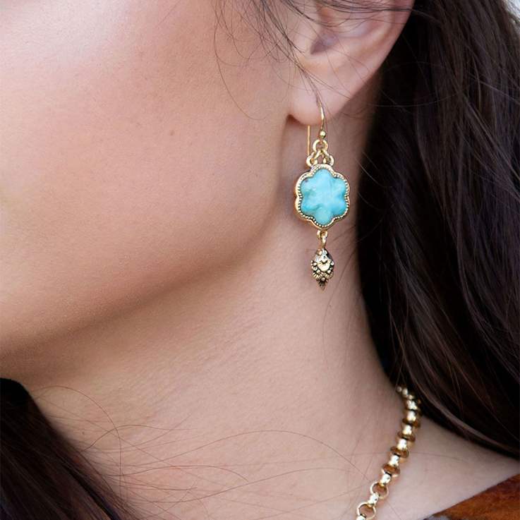 Barse Jewelry 15mm Blue Turquoise Gold Tone Flower Drop Earrings