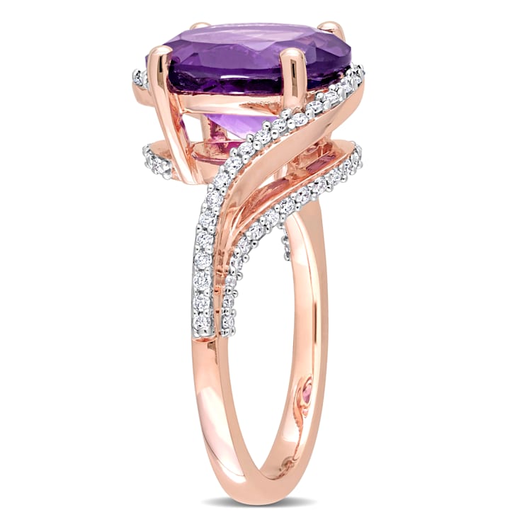3ct African Amethyst And 0.33ctw Diamond 14k Rose Gold Bypass Ring