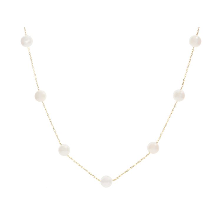 Freshwater Pearl Station 24 Inch Necklace In 14K Yellow Gold