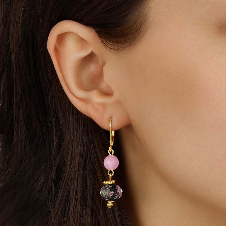 Gold Tone Pink Faux Pearl & Floral Bead Drop Leverback Earring