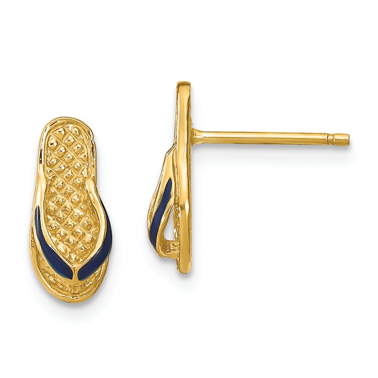 14k Yellow Gold Textured and Blue Enamel 3D Single Flip-Flop Stud Earrings