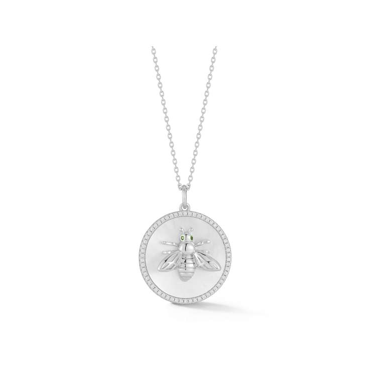 Rachel Zoe Mother-of-Pearl and CZ 3D Bee Medallion Necklace in Rhodium
Over Sterling Silver