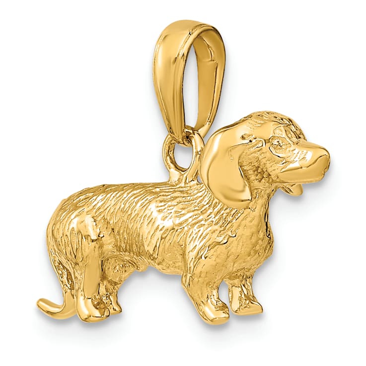 14k Yellow Gold Solid Polished and Textured 3D Wire Haired Dachshund Pendant