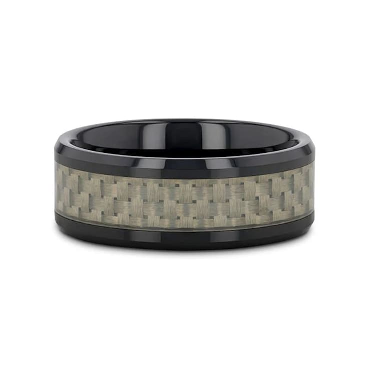 MYSTIQUE Beveled White Carbon Fiber Inlaid Ceramic Ring 8mm