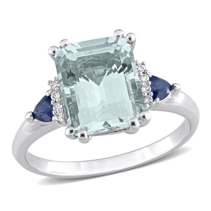 Aquamarine, Blue Sapphire and Diamond 14K White Gold 3-Stone Ring 3.19ctw
