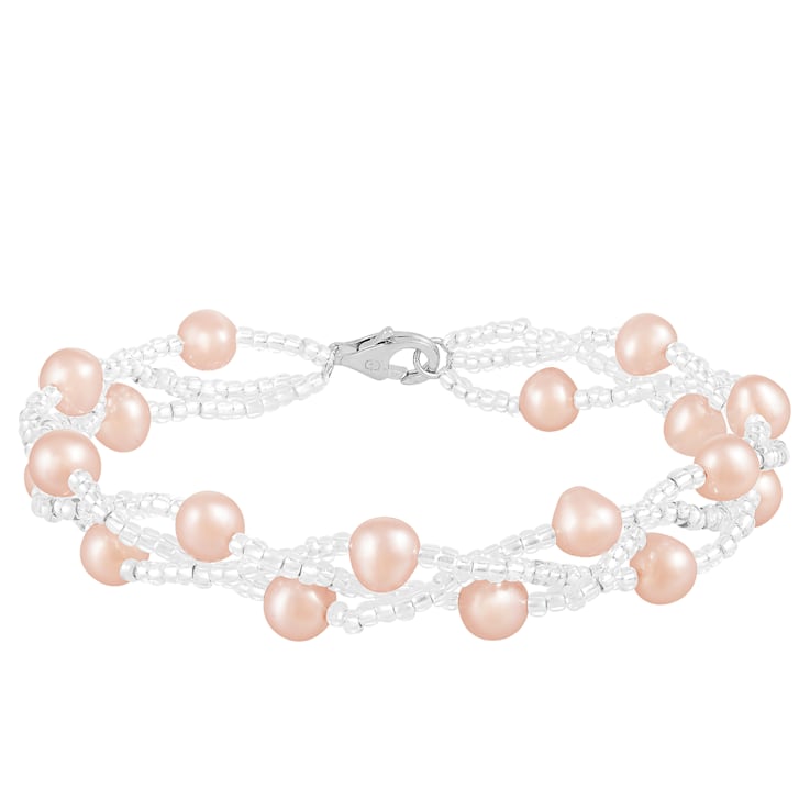 6-7mm Pink Cultured Freshwater Pearl Silver  Bracelet