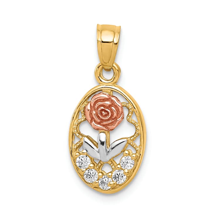 10k Yellow Gold, 10k Rose Gold and Rhodium Over 10k Yellow Gold Cubic
Zirconia Rose in Oval Charm