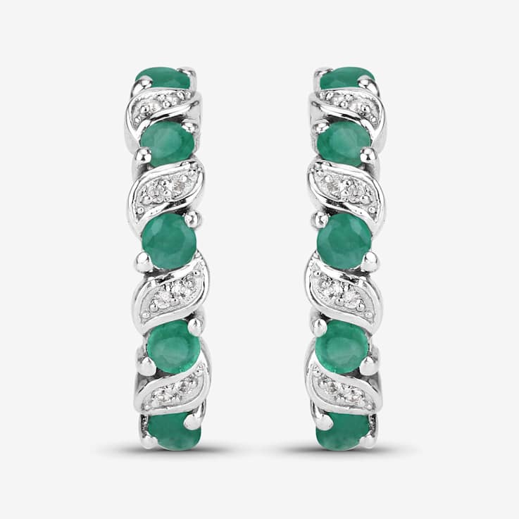 Green Emerald and White Topaz Sterling Silver Hoop Earrings