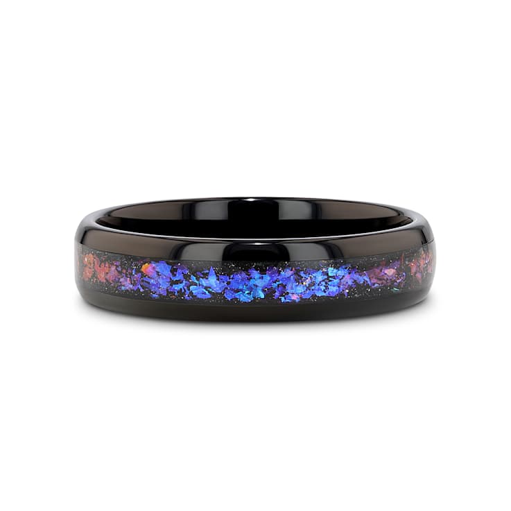 COSMIC Black Tungsten Ring with Crushed Alexandrite and Dark Blue and
Purple Crushed Goldstone 4mm