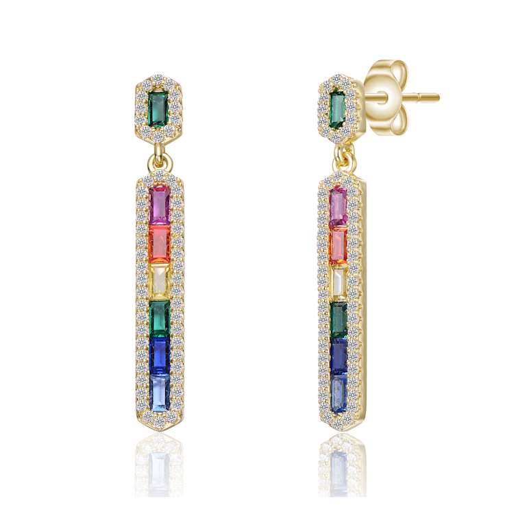 Multi-Color CZ Linear Drop Earrings In 14K Gold Over Sterling Silver