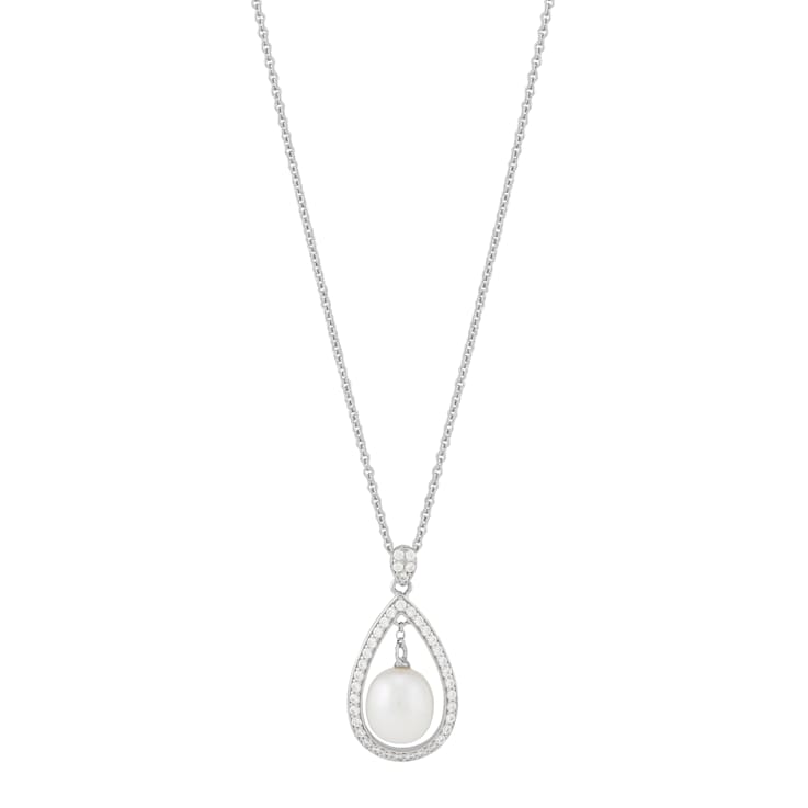 8.5-9mm Round White Freshwater Pearl and Cubic Zirconia Sterling Silver
Drop Pendant with Chain
