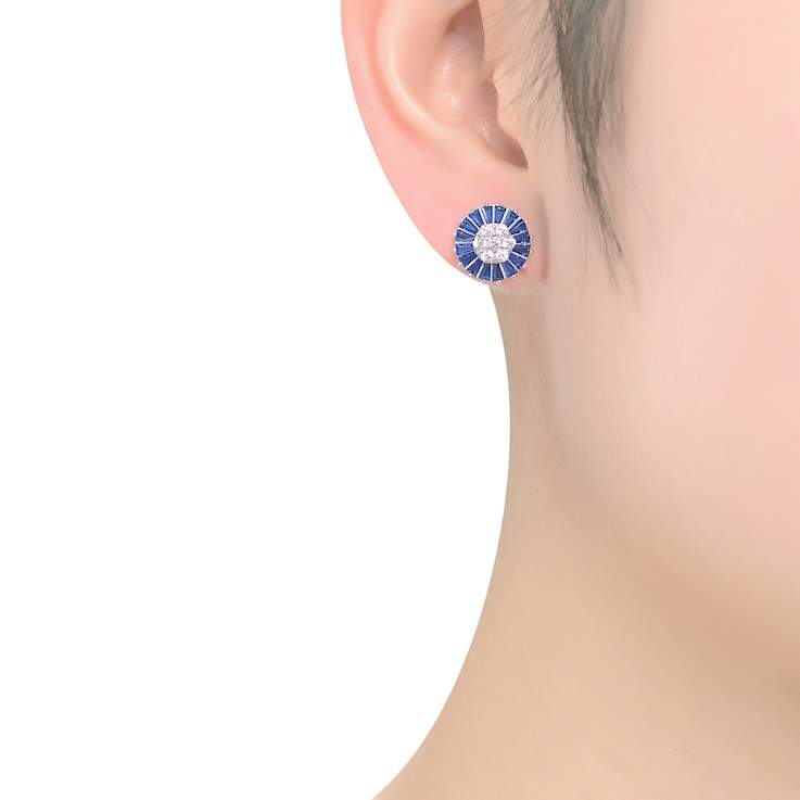 Sapphire Color CZ Halo Stud Earrings In Sterling Silver