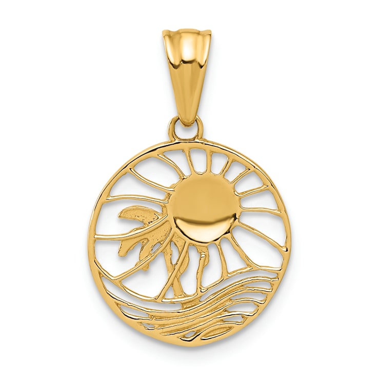 14K Yellow Gold with White Rhodium Ocean and Palm Tree Round Pendant