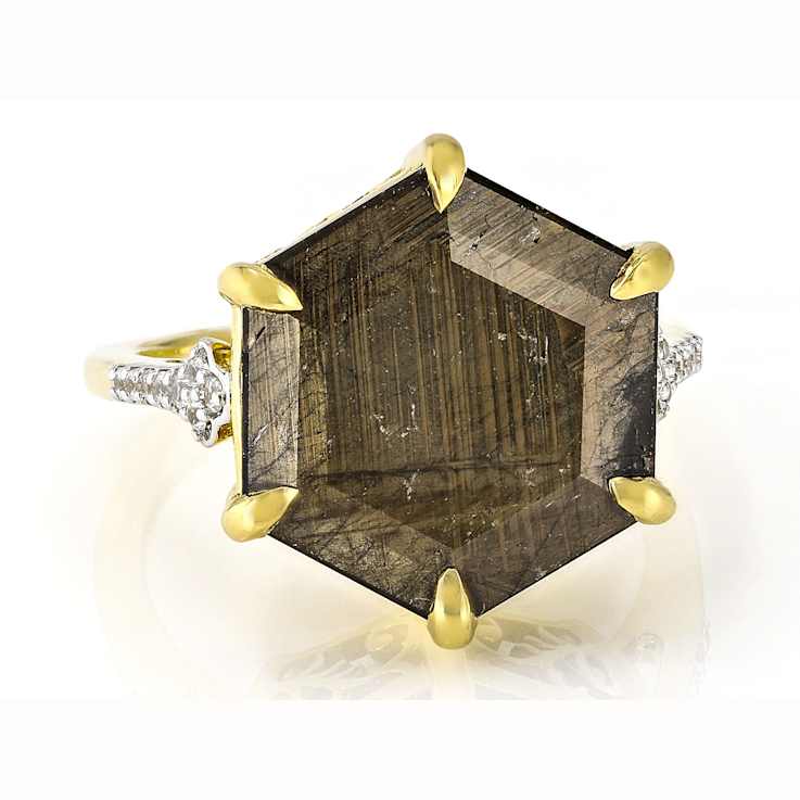 Golden Sheen Sapphire Hexagon Ring In 18K Gold Over Sterling Silver 14.23ctw