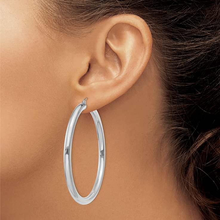 Rhodium Over 14k White Gold Polished 2 3/16" Tube Hoop Earrings