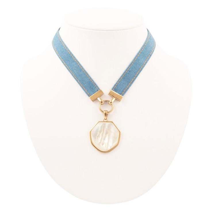 Barse Jewelry Blue Denim Dreams White Mother of Pearl Ribbon Golden
Pendant Necklace