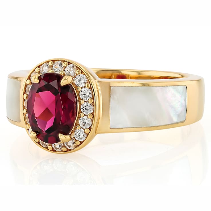 Grape Color Garnet, White Zircon And White Mother-Of-Pearl Band Ring In
18K Gold Over Sterling Silver 1.49ctw