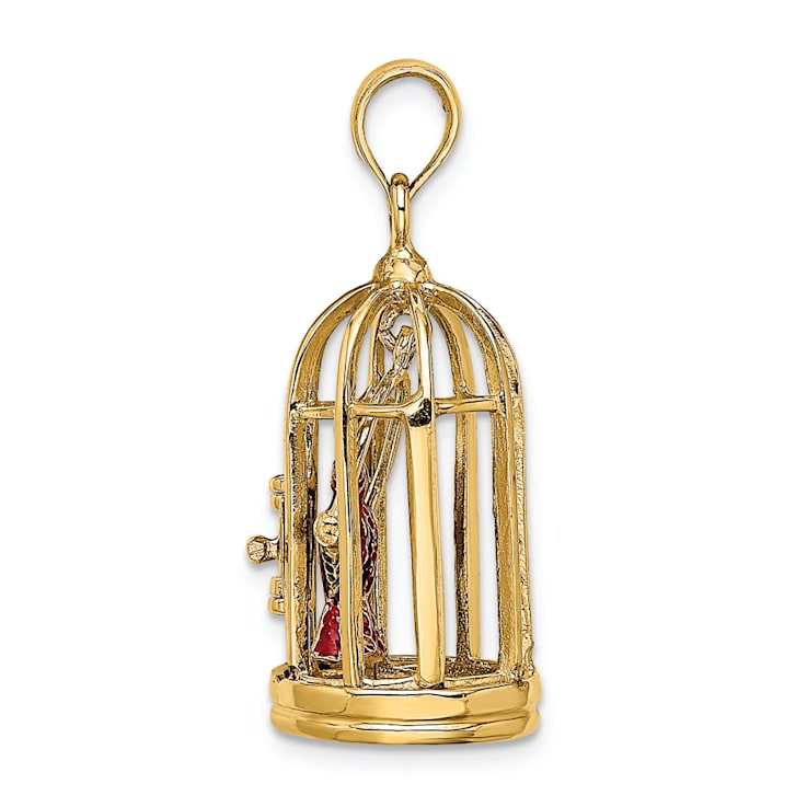 14k Yellow Gold 3D Enamel Bird Cage and Doors with 2 Birds Pendant
