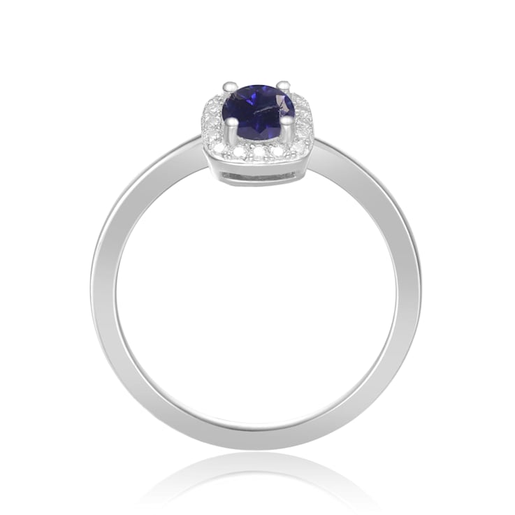 Rhodium Over Sterling Silver Round Blue Sapphire and Moissanite Halo Ring
