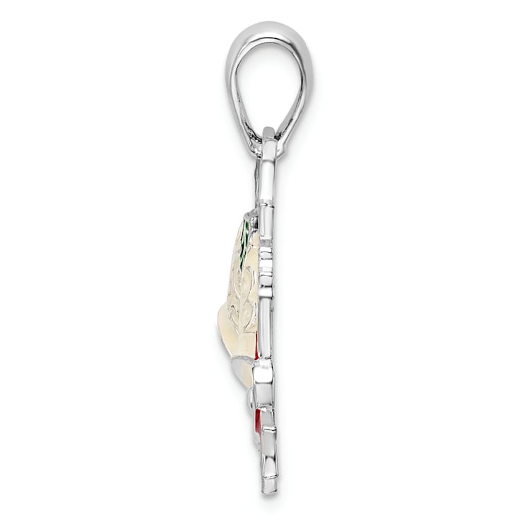 Sterling Silver Polished Enameled Bells and Holly Pendant