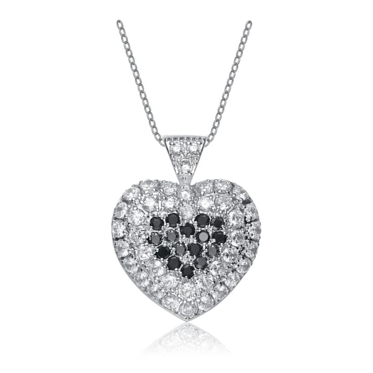 Black And White CZ Heart Pendant Necklace In Sterling Silver