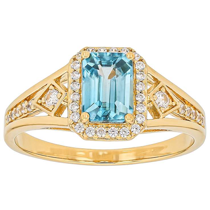Blue Zircon And White Zircon Rectangular Octagonal Ring In 18K Gold Over
Sterling Silver 1.84ctw