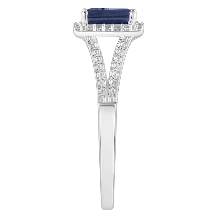 6x4mm Emerald Cut Sapphire 1/4 ctw Diamond Rhodium Over Sterling Silver
Halo Ring