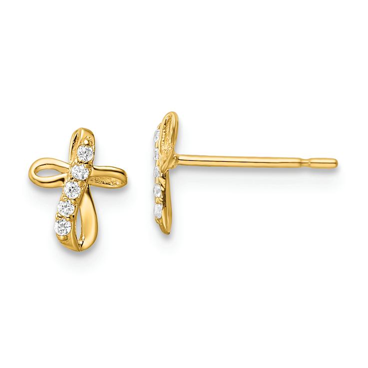14k Yellow Gold Cubic Zirconia Cross Stud Earrings