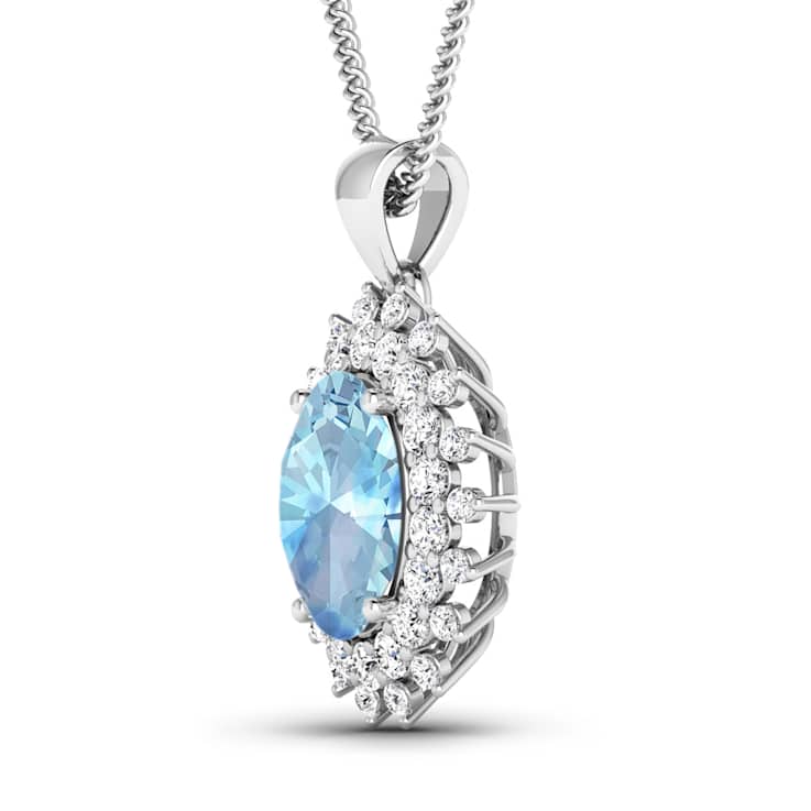 Oval Blue Aquamarine and White Diamond 14K White Gold Halo Pendant with
Cable Chain 2.70ctw