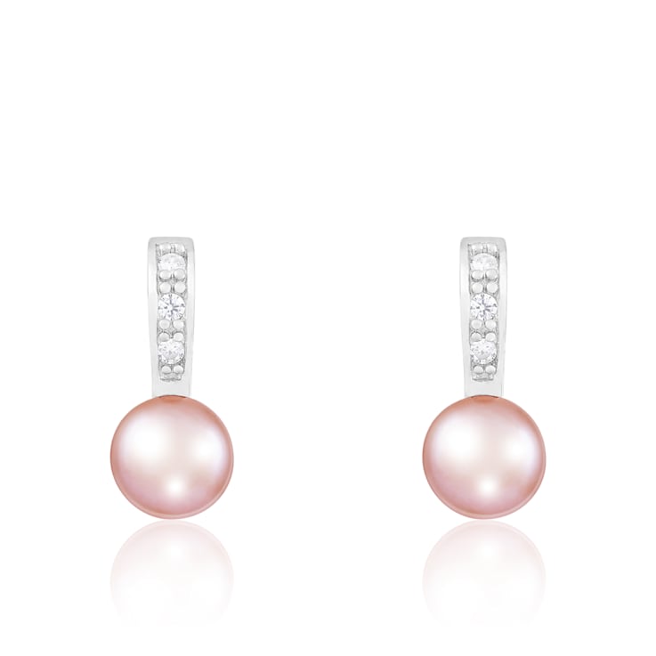 8-8½mm Pink Cultured Freshwater Pearl and Cubic Zirconia Rhodium Over
Sterling Silver Earrings