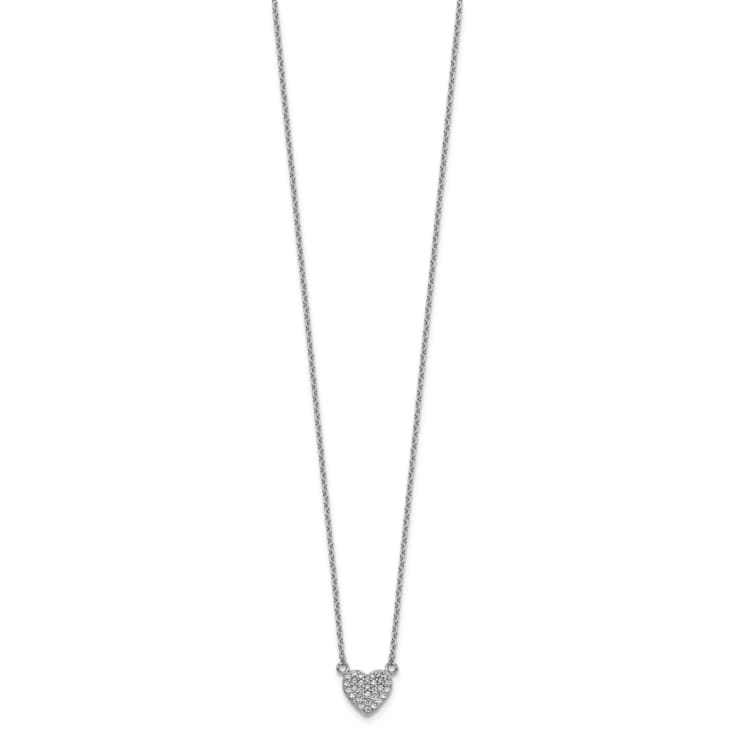 Rhodium Over Sterling Silver Polished Pave Cubic Zirconia Heart Necklace