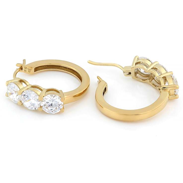 3-Stone CZ Hoop Earrings In 18K Gold Over Sterling Silver