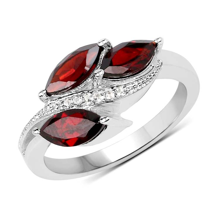 Red Garnet and White Topaz Rhodium Over Sterling Silver Leaf Ring