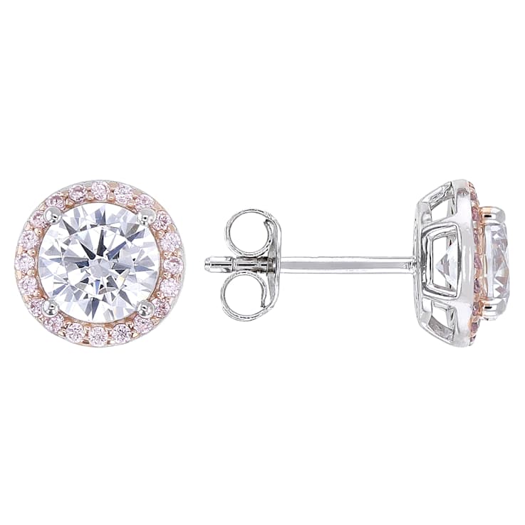 Pink and White CZ Halo Stud Earrings In Rose Gold and Sterling Silver