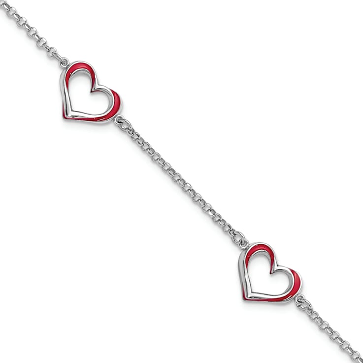 Sterling Silver Rhodium-plated Red Enamel 3-Heart with 0.5 Inch
Extension Bracelet
