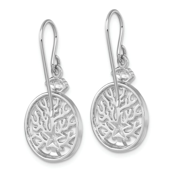 Rhodium Over Sterling Silver Starfish and Scallop Shell Reef Dangle Earrings