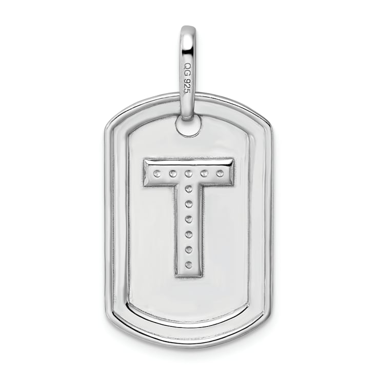 Rhodium Over 14k White Gold Diamond Initial T Dog Tag Charm
