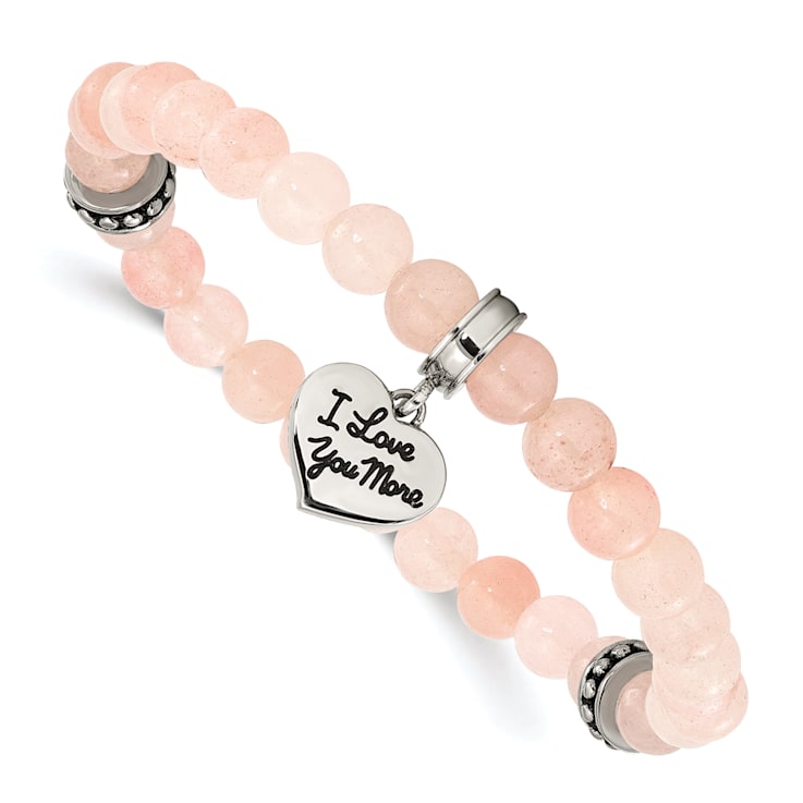 Stainless Steel Antiqued and Polished Pink Jade LOVE YOU Stretch Bracelet