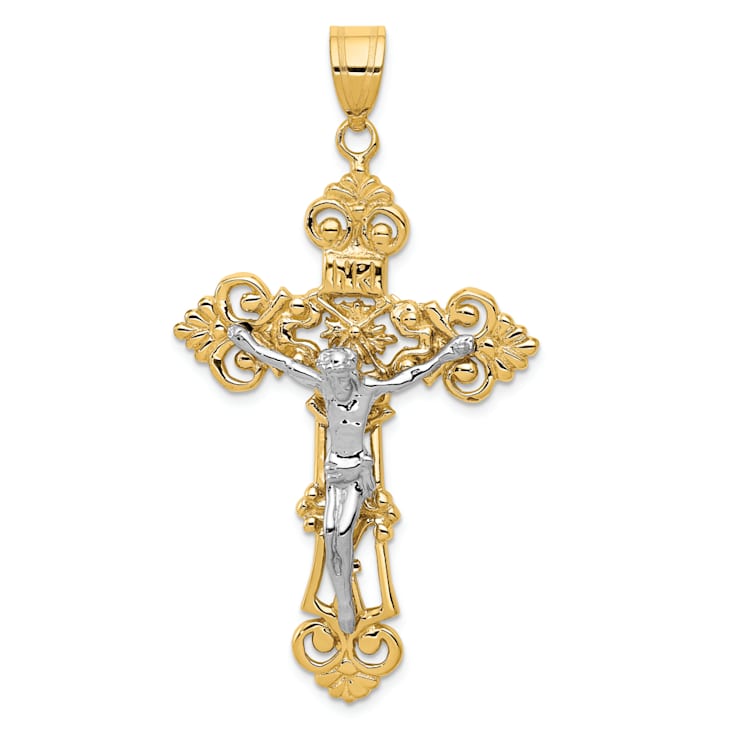 14k Yellow Gold and 14k White Gold INRI Fleur De Lis Crucifix Pendant