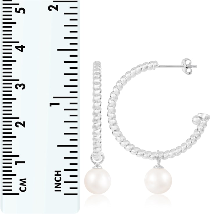 White Cultured Freshwater Pearl Rhodium Over Sterling Silver 7-8mm Round Earrings