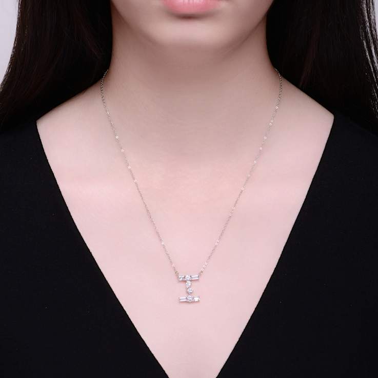 Initial I Mixed Cut CZ Pendant Necklace In Sterling Silver 18 Inch