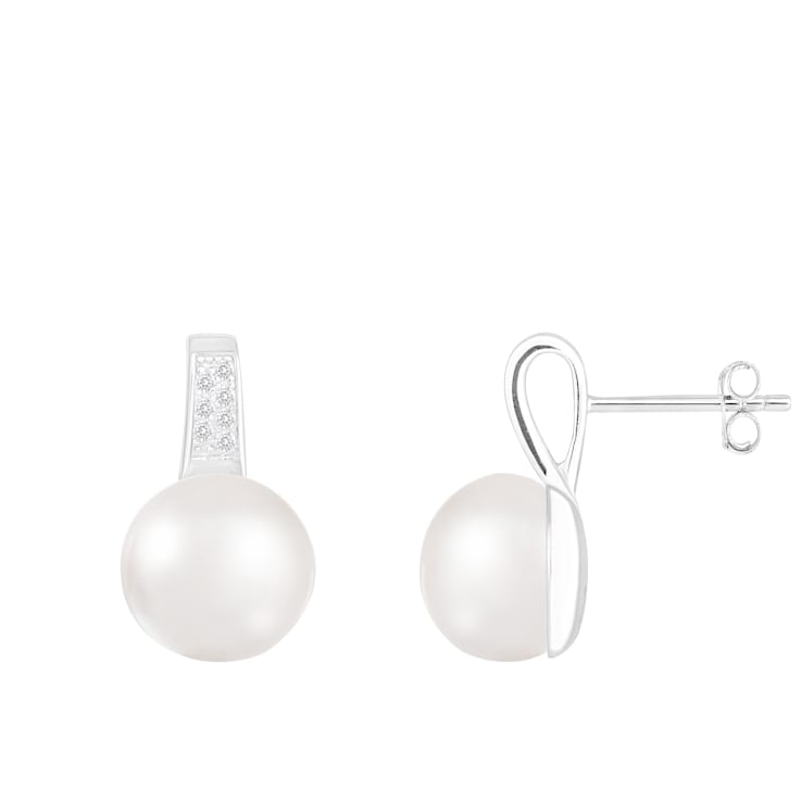 10.5-11mm White Cultured Freshwater Pearl Rhodium Over Sterling Silver Earrings