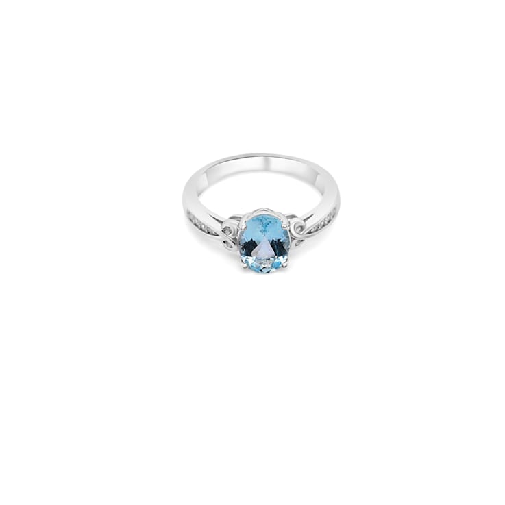9x7mm Oval Aquamarine and White CZ Rhoidum Over Sterling Silver Ring, 1.53ctw