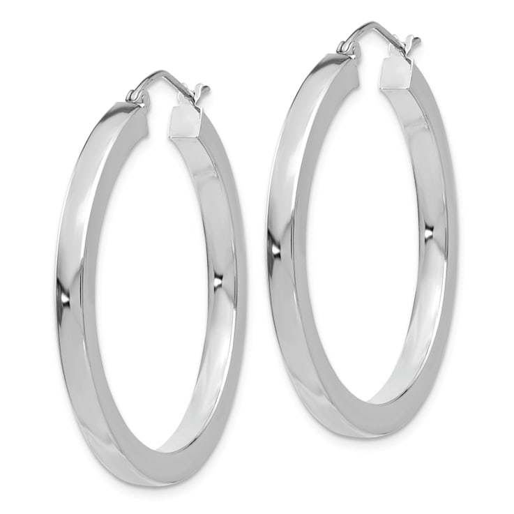 Rhodium Over 14k White Gold Polished 1 3/8" Square Tube Hoop Earrings
