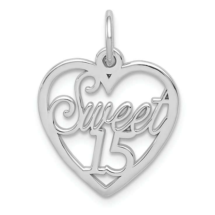 Rhodium Over 14k White Gold Sweet 15 Heart Charm
