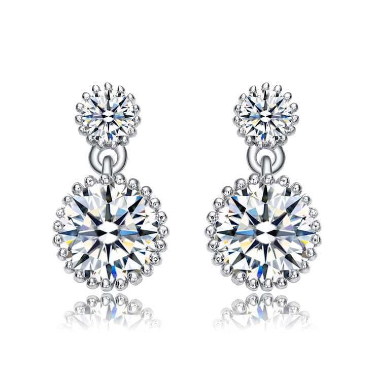 Two-Stone CZ Milgrain Drop Earrings In White Rhodium Over Brass