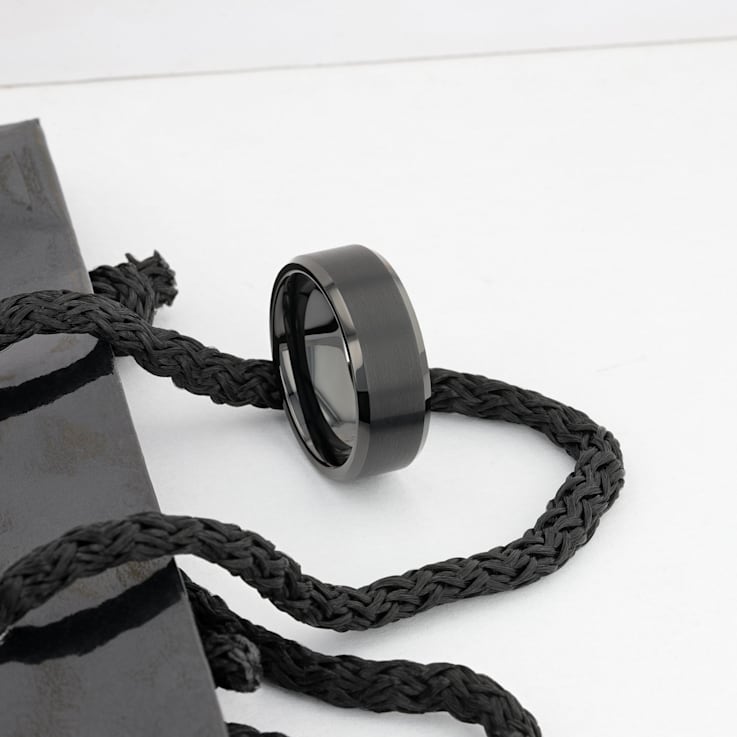 ELISE Black Tungsten Ring with Polished Beveled Edges and Brush Finished
Center 8mm